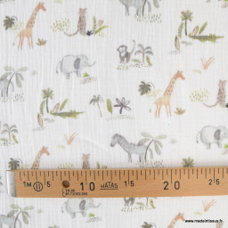 Tissu Double gaze Poppy motif animaux de la jungle Safari fond blanc - oeko tex