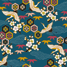 Tissu coton Nigata Japonais motifs Grues japonaises fond Paon - Oeko tex