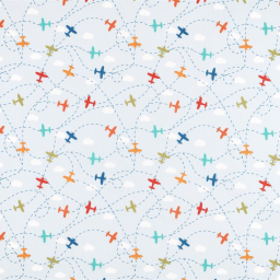 Tissu Coton Looping motif avions fond bleu ciel - oeko tex