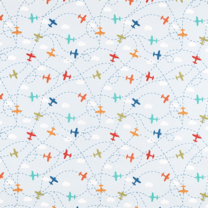 Tissu Coton Looping motif avions fond bleu ciel - oeko tex