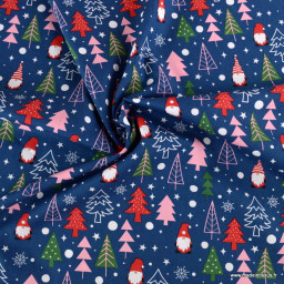 Tissu de Noël motif ésapins et Père Noël fond bleu marine - Oeko tex