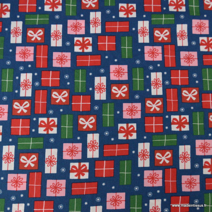 Tissu de Noël motif cadeaux fond bleu marine - Oeko tex