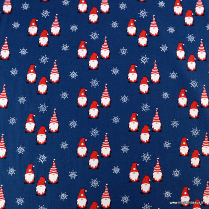 Tissu de Noël motif lutins fond bleu marine - Oeko tex