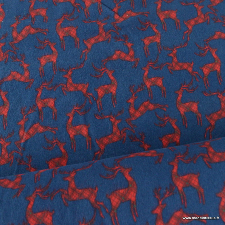 Flanelle de Noël motif rênes rouges fond bleu - oeko tex