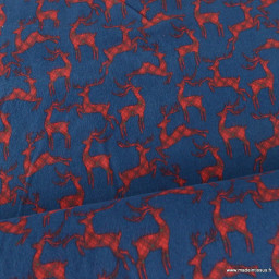 Flanelle de Noël motif rênes rouges fond bleu - oeko tex