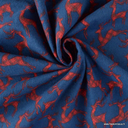 Flanelle de Noël motif rênes rouges fond bleu - oeko tex