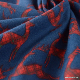 Flanelle de Noël motif rênes rouges fond bleu - oeko tex