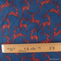 Flanelle de Noël motif rênes rouges fond bleu - oeko tex