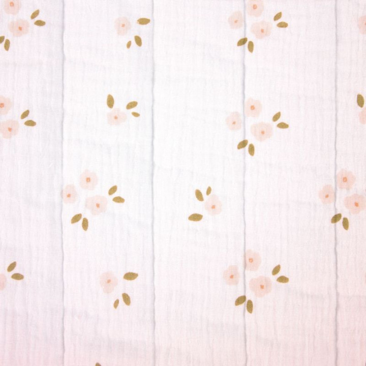 Tissu double gaze matelassé swan fleurs rose fond rose poudré