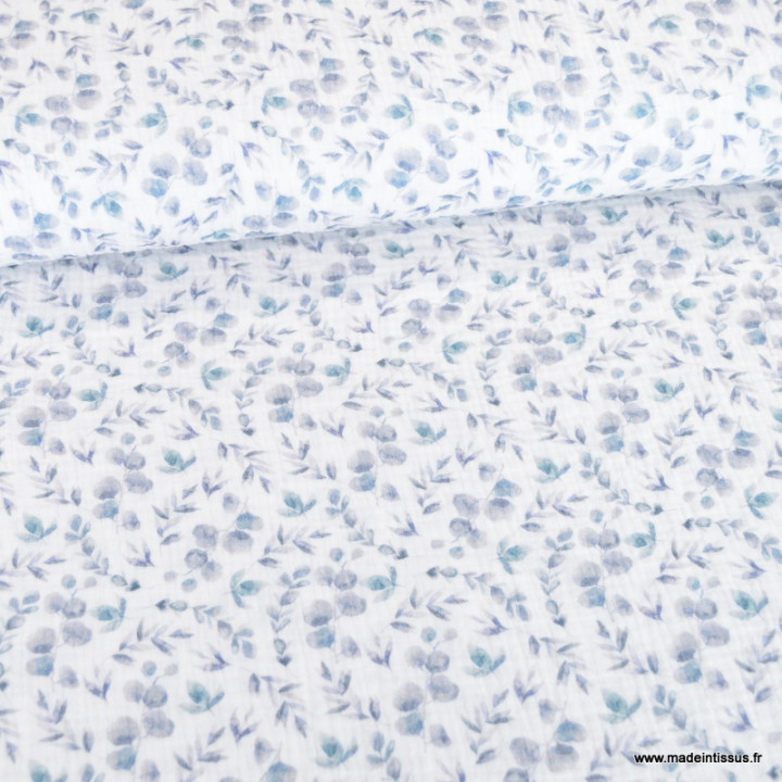 Double gaze Liptie motif eucalyptus fond blanc cassé - oeko tex