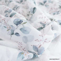 Double gaze Lizzie motif eucalyptus fond blanc cassé - oeko tex