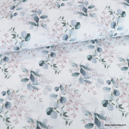 Double gaze Lizzie motif eucalyptus fond blanc cassé - oeko tex