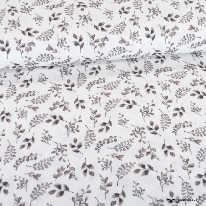 Double gaze motif feuilles brunes fond blanc cassé - oeko tex