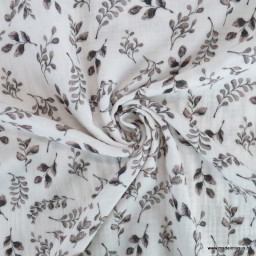 Double gaze motif feuilles brunes fond blanc cassé - oeko tex