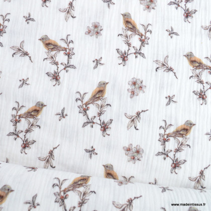 Double gaze motif fleurs brunes et oiseaux fond blanc cassé - oeko tex