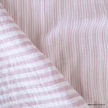 Tissu Double gaze réversible à rayures vieux rose - oeko tex