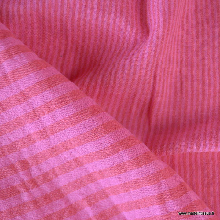 Tissu Double gaze réversible à rayures Rose bonbon et Hibiscus - oeko tex