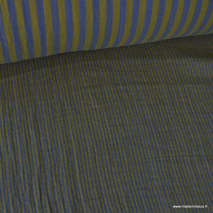 Tissu Double gaze réversible à rayures Bronze et Cobalt - oeko tex