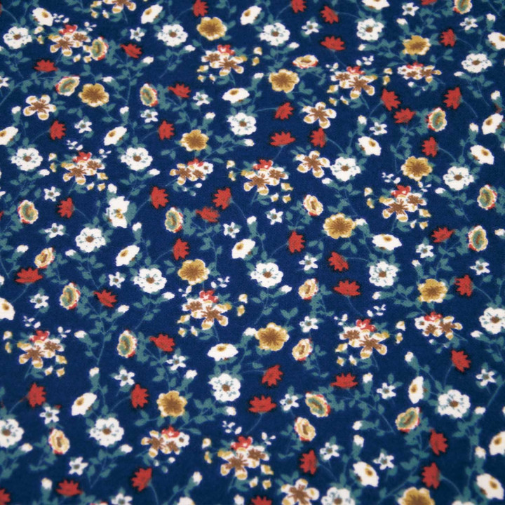 Tissu Flanelle de coton fleuri bleu et rouge