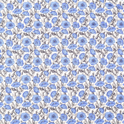 Popeline de coton motif fleurs bleues fond blanc cassé - Etienne