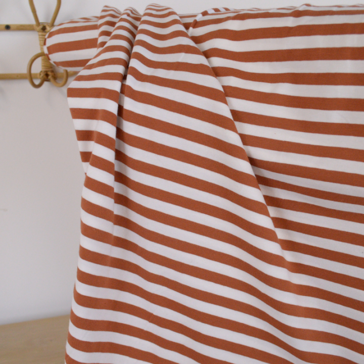 Tissu jersey à rayures larges type marinière Terracotta et blanc - Oeko tex