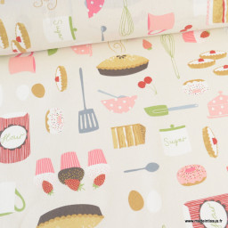 Tissu toile aspect lin motif patisserie et gateaux fond lin