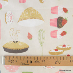 Tissu toile aspect lin motif patisserie et gateaux fond lin