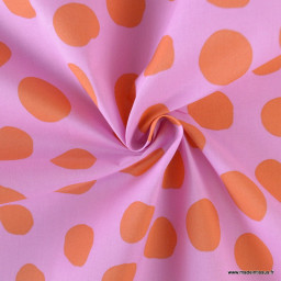 Tissu coton Enduit motifs Pois oranges fond rose - Poppy