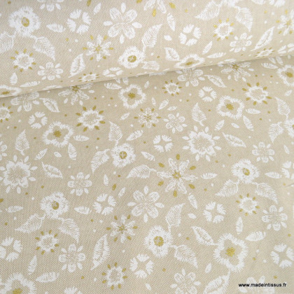 Tissu demi natté de Noël Noali motif fleurs dorées Naturel - oeko tex