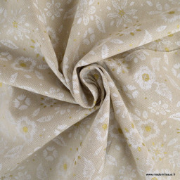 Tissu demi natté de Noël Noali motif fleurs dorées Naturel - oeko tex