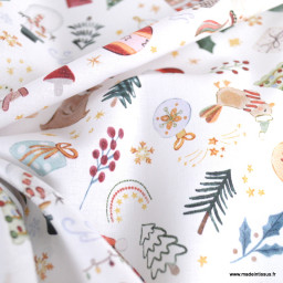 Tissu coton Visby motifs animaux, sapins et boules de Noël - Oeko tex