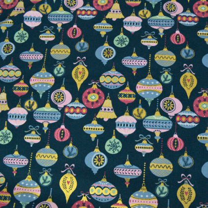 Tissu de Noël motif boules de Noël bleu rose Or fond Pétrole - Oeko tex