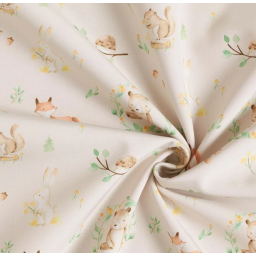 Tissu Softshell motifs renards, ours et feuillesfond beige