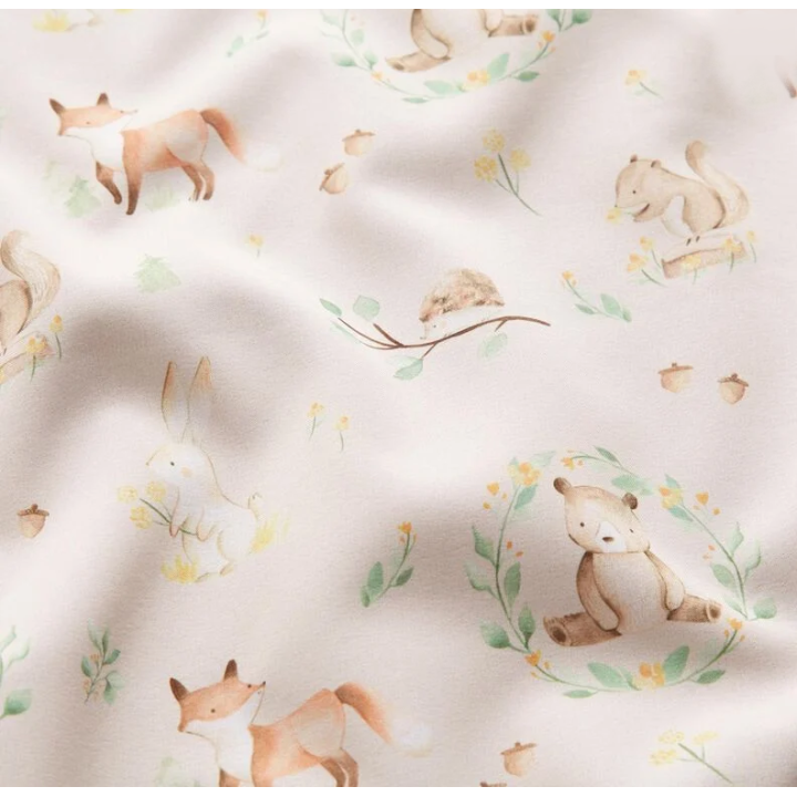 Tissu Softshell motifs renards, ours et feuillesfond beige