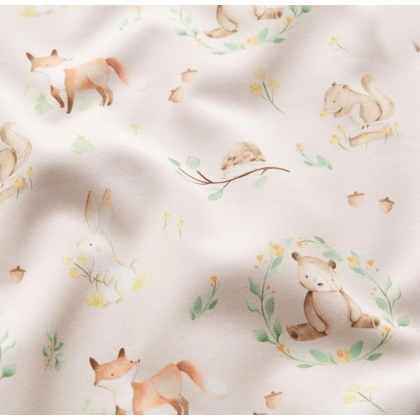 Tissu Softshell motifs renards, ours et feuillesfond beige