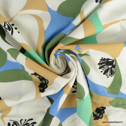 Tissu Popeline de viscose Stretch motif grosses fleurs bleu, vert et écru