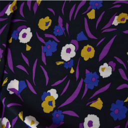 Tissu Viscose Geoia motifs fleurs violet, ocre et noir - Oeko tex