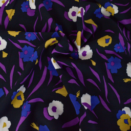 Tissu Viscose Geoia motifs fleurs violet, ocre et noir - Oeko tex