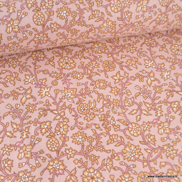 Tissu Jhansi coton motif fleurs indiennes fond rose et camel - Oeko tex