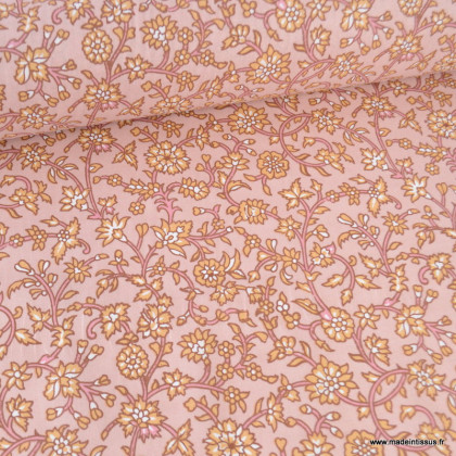 Tissu Jhansi coton motif fleurs indiennes fond rose et camel - Oeko tex