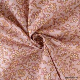 Tissu Jhansi coton motif fleurs indiennes fond rose et camel - Oeko tex