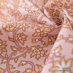 Tissu Jhansi coton motif fleurs indiennes fond rose et camel - Oeko tex