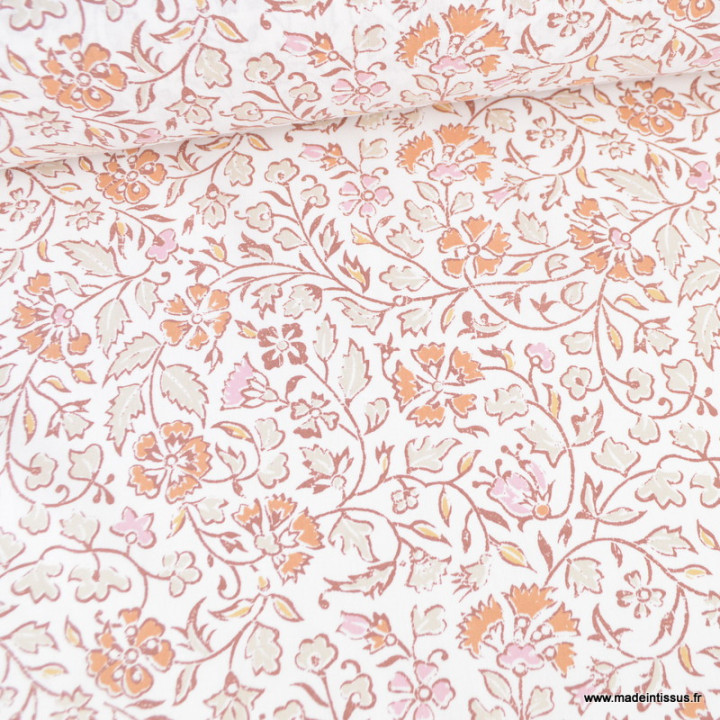 Tissu Methari coton motif fleurs indiennes fond écru et rose - Oeko tex