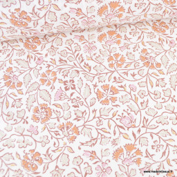 Tissu Methari coton motif fleurs indiennes fond écru et rose - Oeko tex