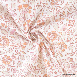 Tissu Methari coton motif fleurs indiennes fond écru et rose - Oeko tex