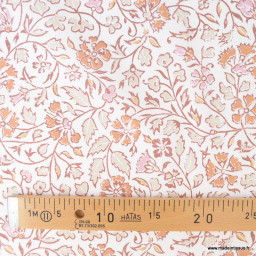 Tissu Methari coton motif fleurs indiennes fond écru et rose - Oeko tex