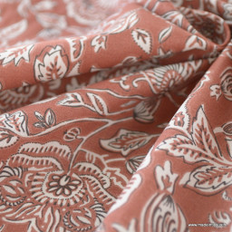 Tissu Mehar coton motif fleurs indiennes fond écru et marron - Oeko tex