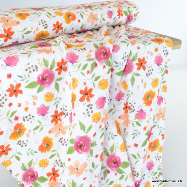 Double gaze de coton Mathilde motif fleurs roses et oranges fond blanc -  oeko tex