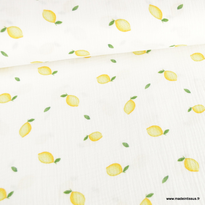 Double gaze motif citrons fond blanc - oeko tex