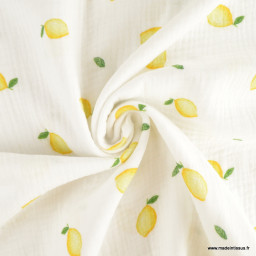 coupon de 66cm de Double gaze motif citrons fond blanc - oeko tex